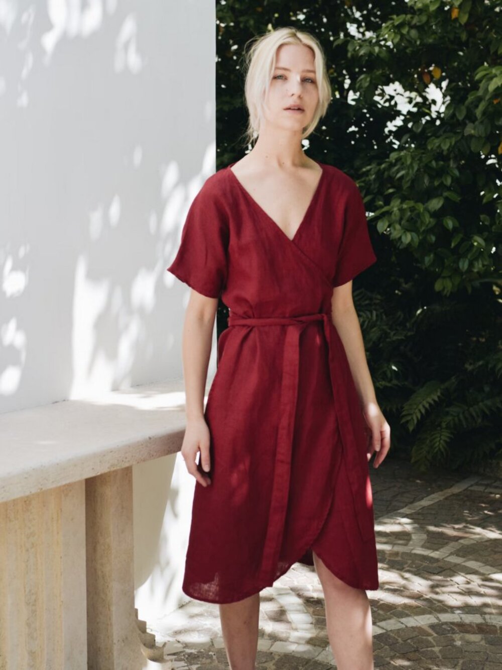 Linenfox 100% Linen Wrap Dress Summer Midi Maternity Red Handmade Flowy XS S